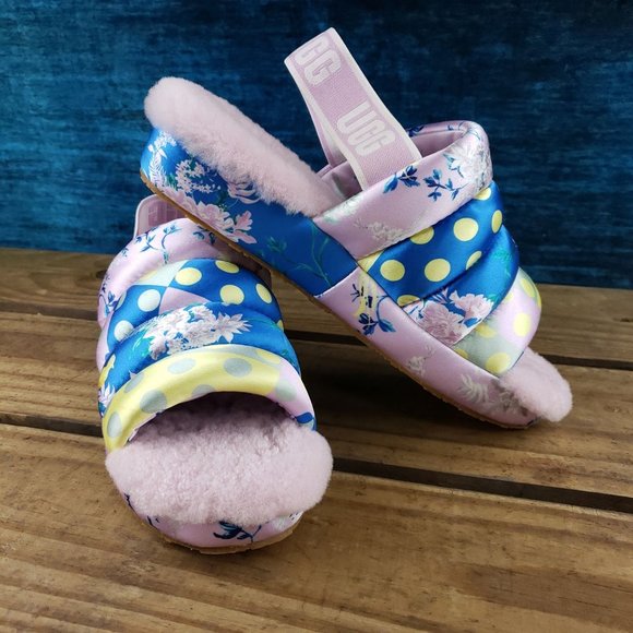UGG Shoes - UGG Puff Yeah Floral Polka Dot Slide Sling Back Womens Size 8 Lamb Fur Silk Pink